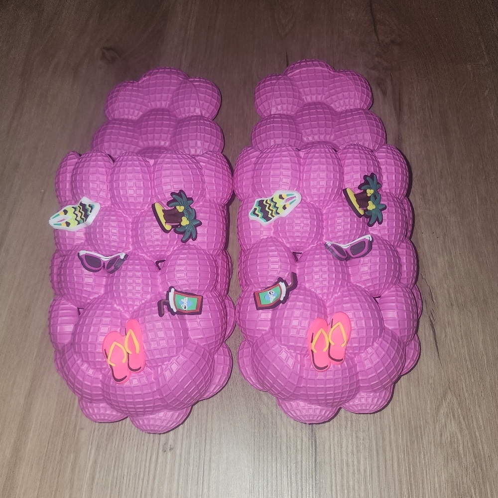 Women's Pink Bubble Slides With Charms